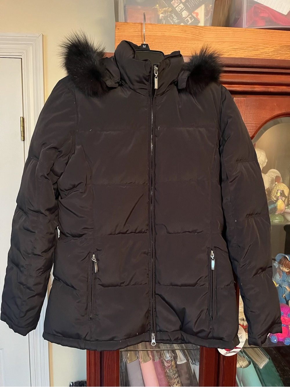 Black Women's Puffer Coat with Faux Fur Trim
